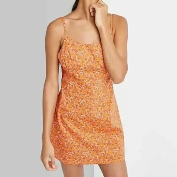 WILD FABLE Sleeveless Woven Bodycon Dress Orange Red Floral Mini Cotton Y2K 90s - Picture 3 of 15
